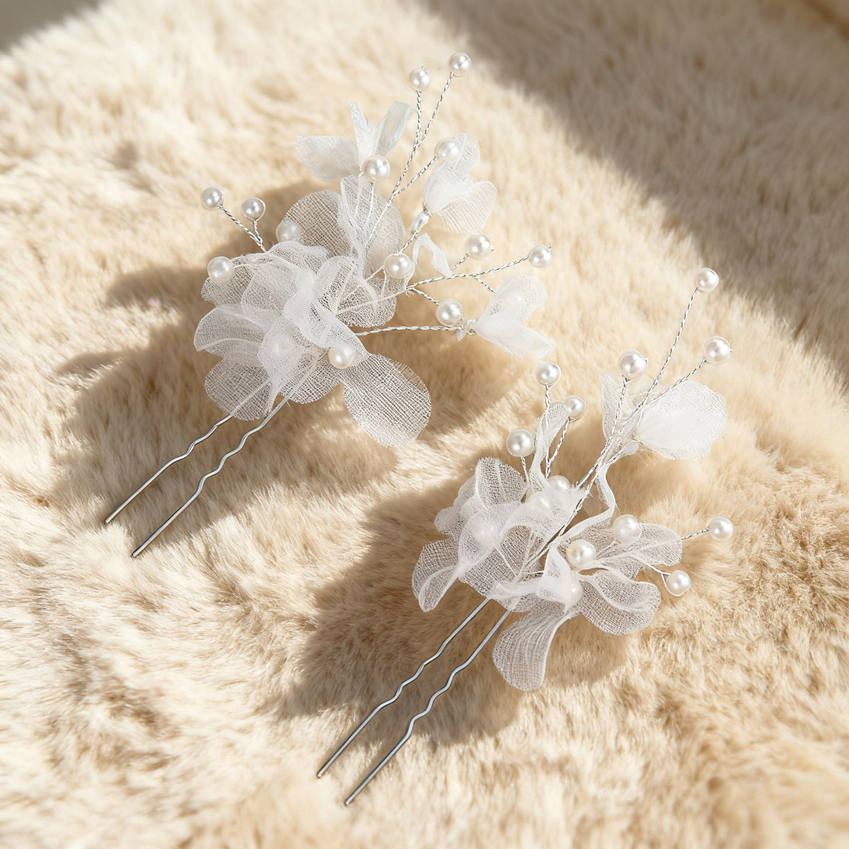 Pair of silver U hair pins with organza flowers and faux pearls