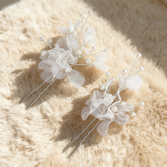 Pair of silver U hair pins with organza flowers and faux pearls