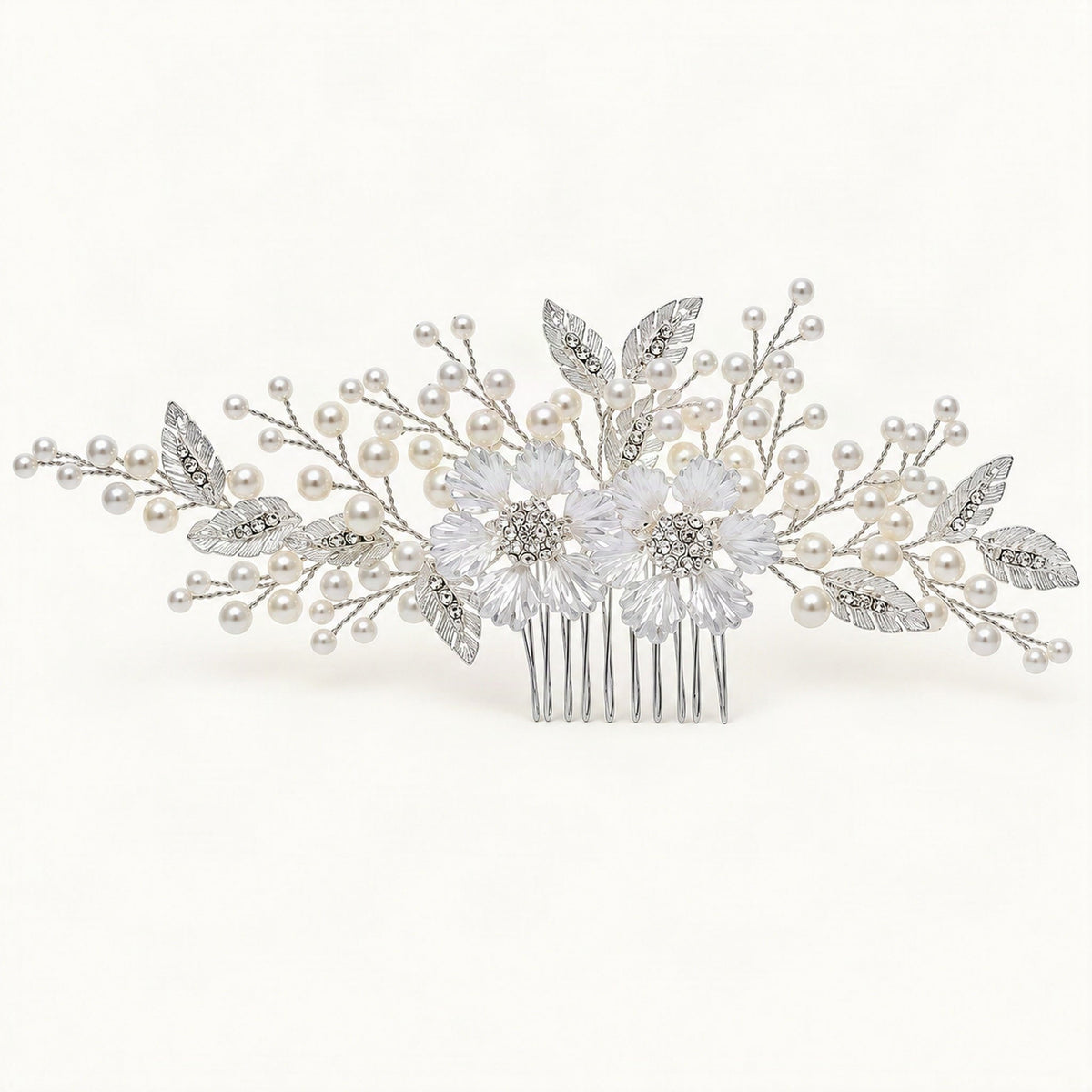Silver-finish floral hair comb with faux pearls and leaf details [FITINY Hair]