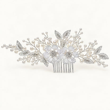 Silver-finish floral hair comb with faux pearls and leaf details [FITINY Hair]