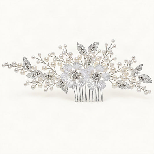 Silver-finish floral hair comb with faux pearls and leaf details [FITINY Hair]