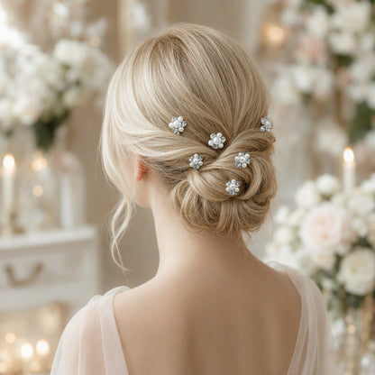 Six decorative U-pins accenting a bridal hairstyle