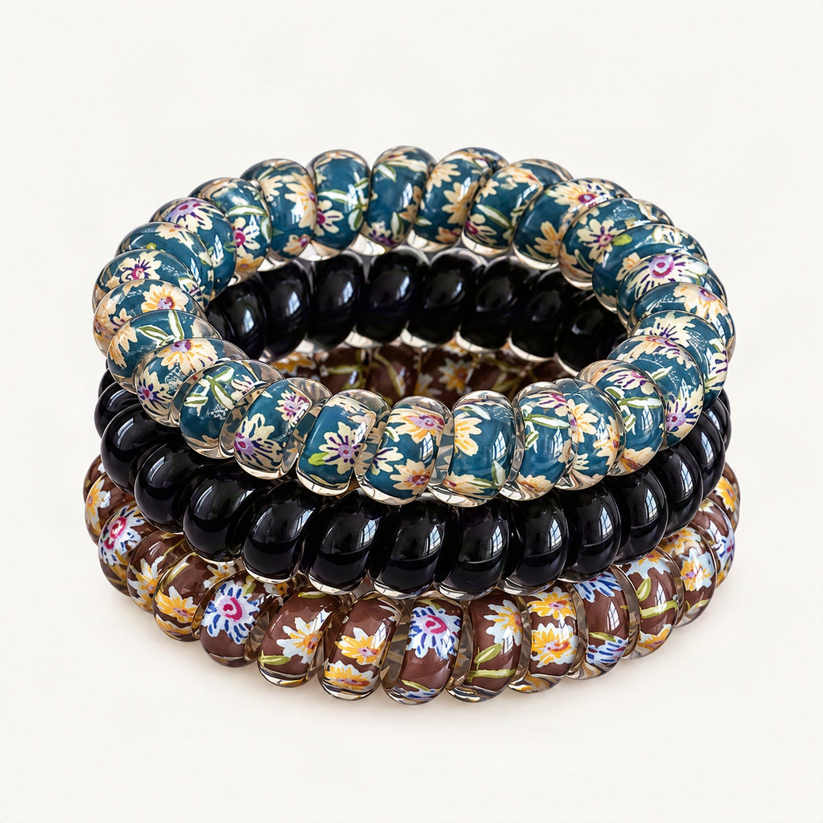 Brown floral-pattern hair ties, three-piece set [FITINY Hair]