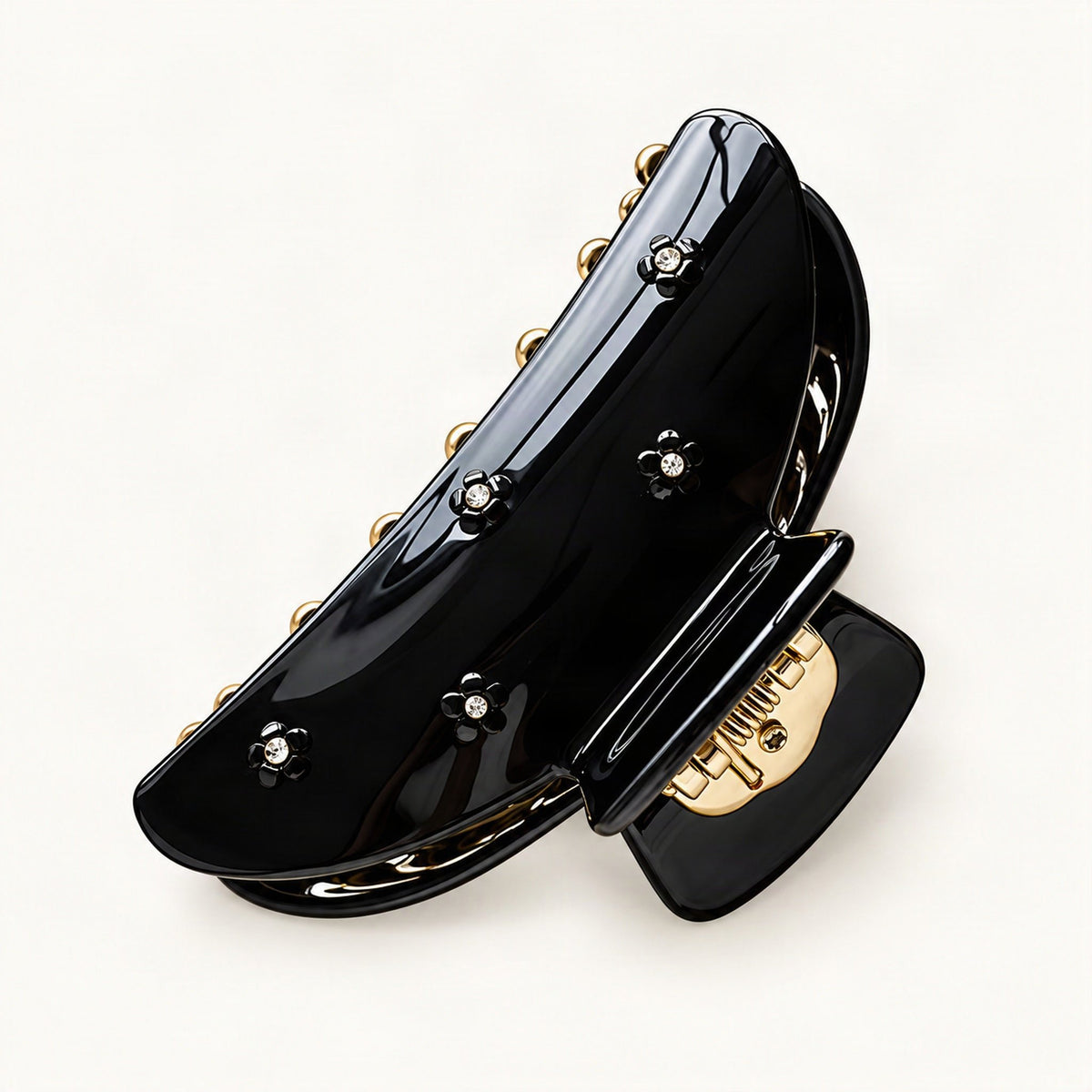 Cellulose Acetate Claw Clip with Rhinestone Floral Details in Black [FITINY Hair]