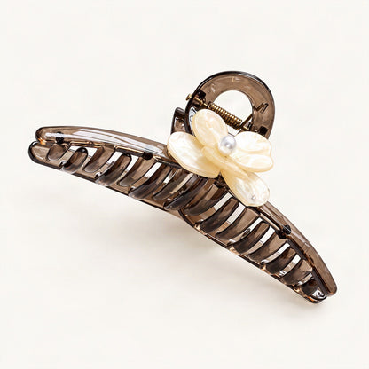 Floral Acrylic Claw Clip with Pearl and Rhinestones 12.5 cm in Cream [FITINY Hair]