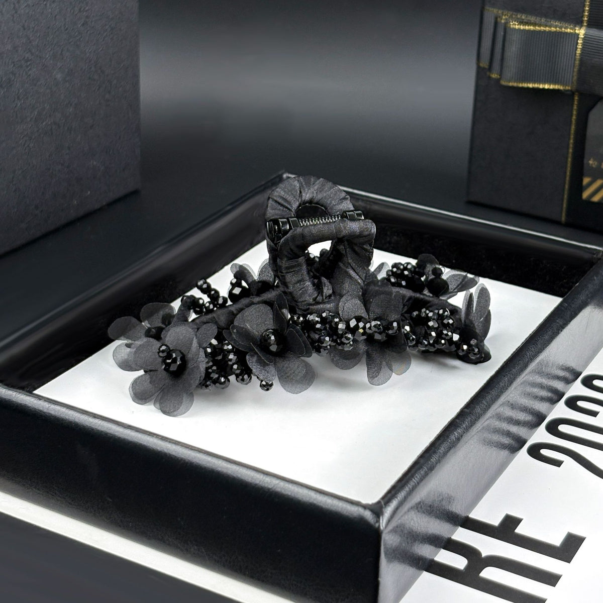 Large Crystal Flower Claw Clip in Black