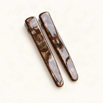 Slim Marbled Acetate Side Clips, Set of 2 in Chocolate [FITINY Hair]