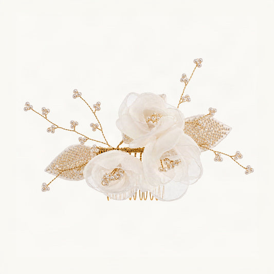 Layered Mesh Flower Pearl Branch Bridal Hair Comb in Gold [FITINY Hair]