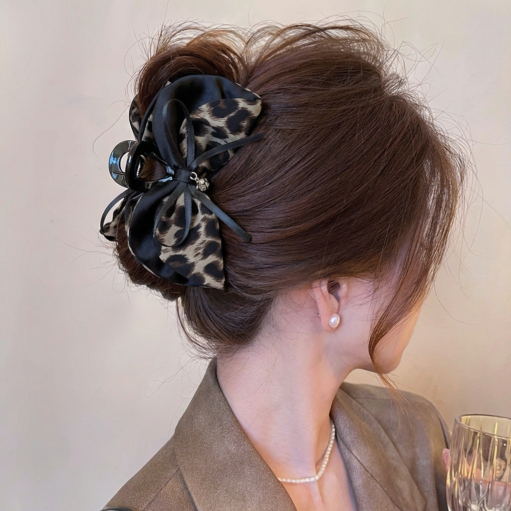 Satin Leopard Print Bow Hair Claw Clip, additional view 1
