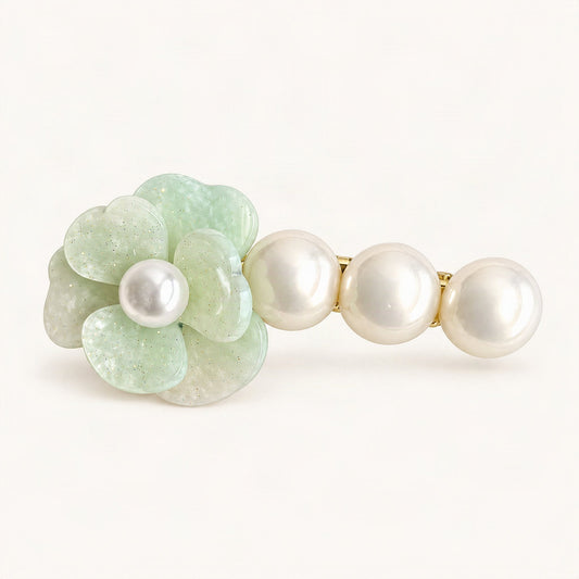Acetate Side Hair Clip Camellia Faux Pearl in Light Green [FITINY Hair]