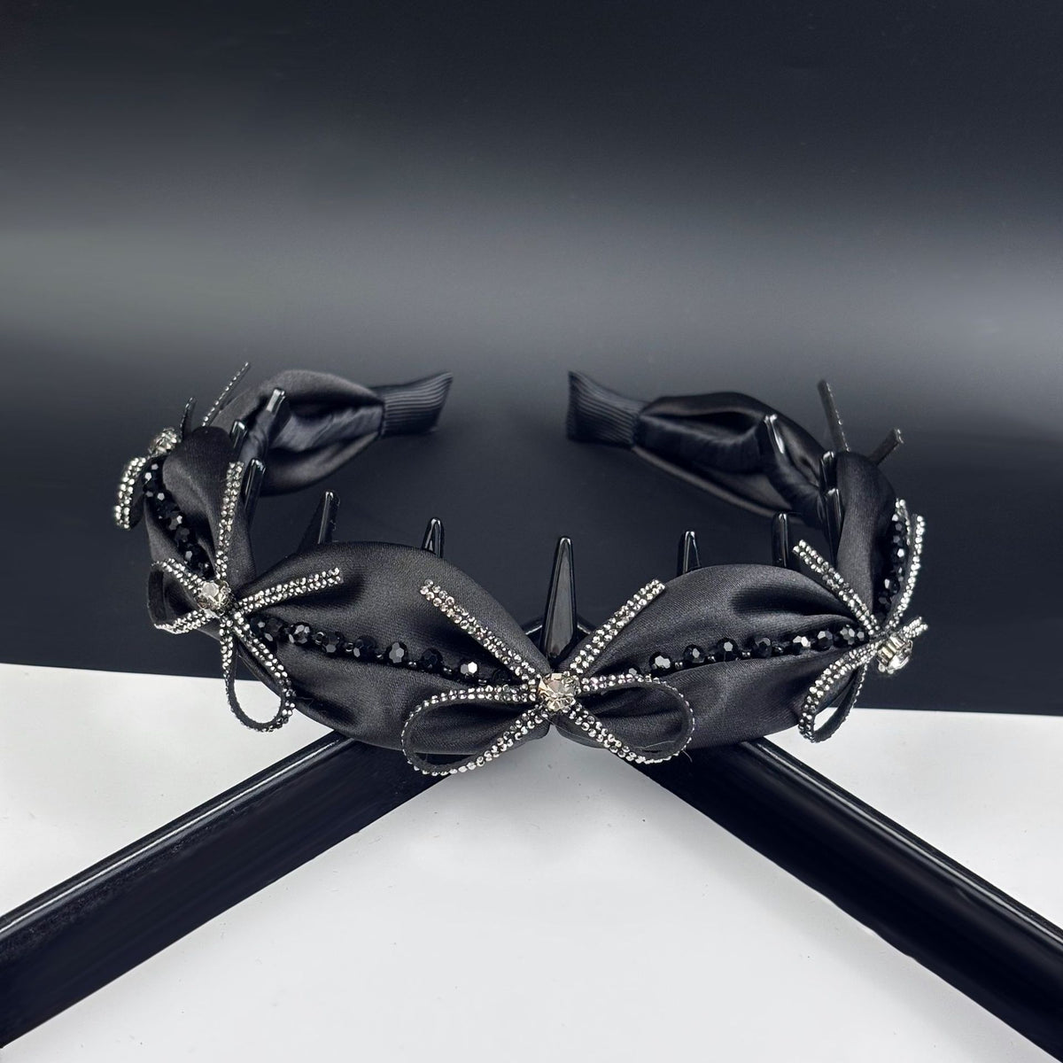 Satin Rhinestone Bow High Crown Toothed Headband, additional view 1
