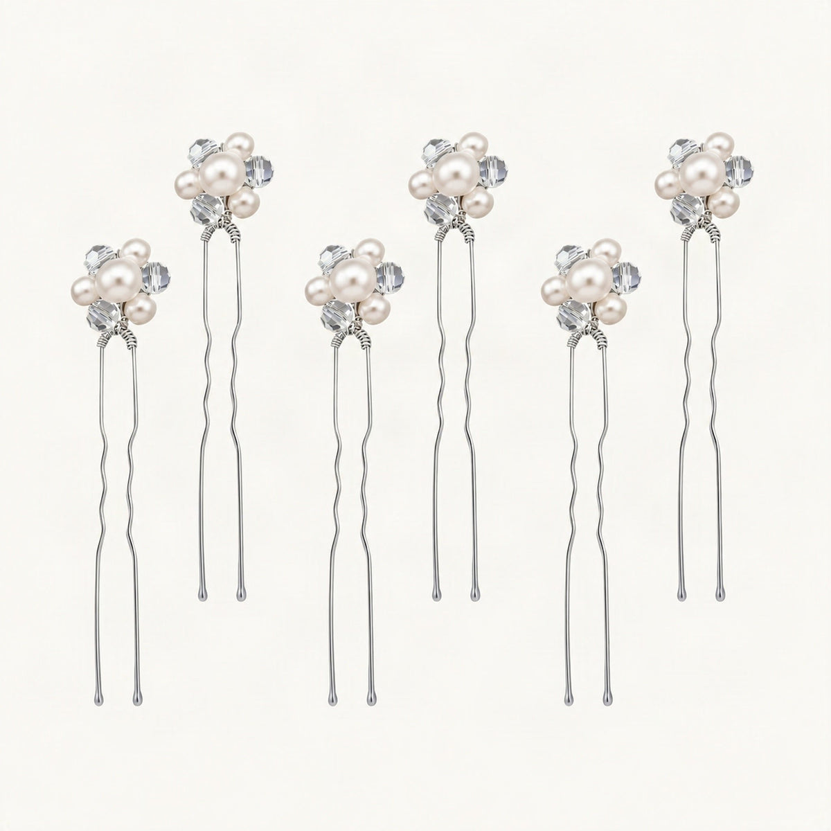 Faux Pearl Crystal Flower U-Pin Set 6-Pack in Silver [FITINY Hair]