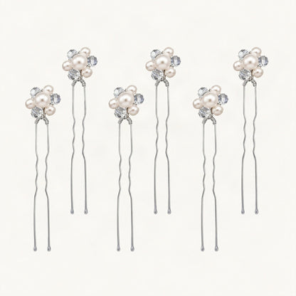 Faux Pearl Crystal Flower U-Pin Set 6-Pack in Silver [FITINY Hair]