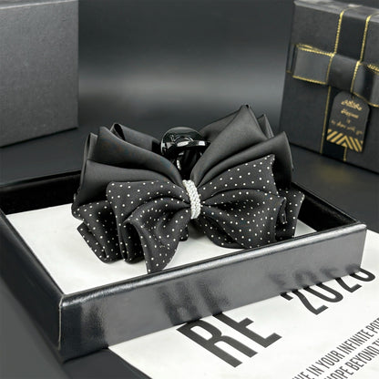 Polka Dot Bow Hair Claw Clip with Pearl Accent in Black