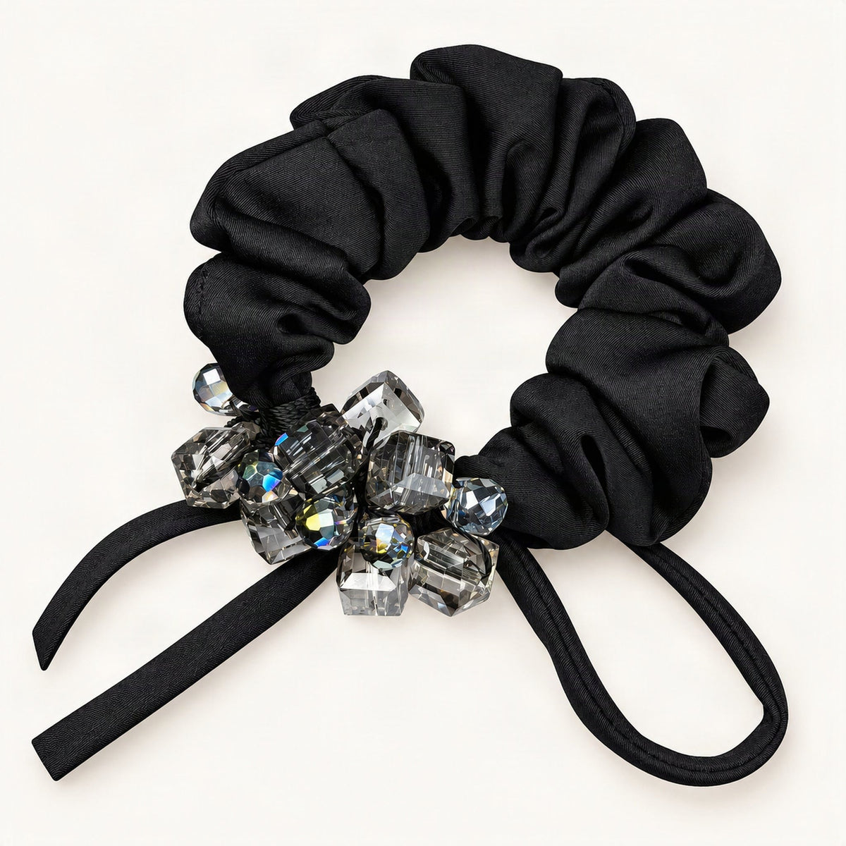 Black satin scrunchie with square crystal embellishments and ribbon tails [FITINY Hair]