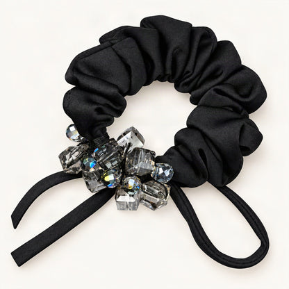 Black satin scrunchie with square crystal embellishments and ribbon tails [FITINY Hair]
