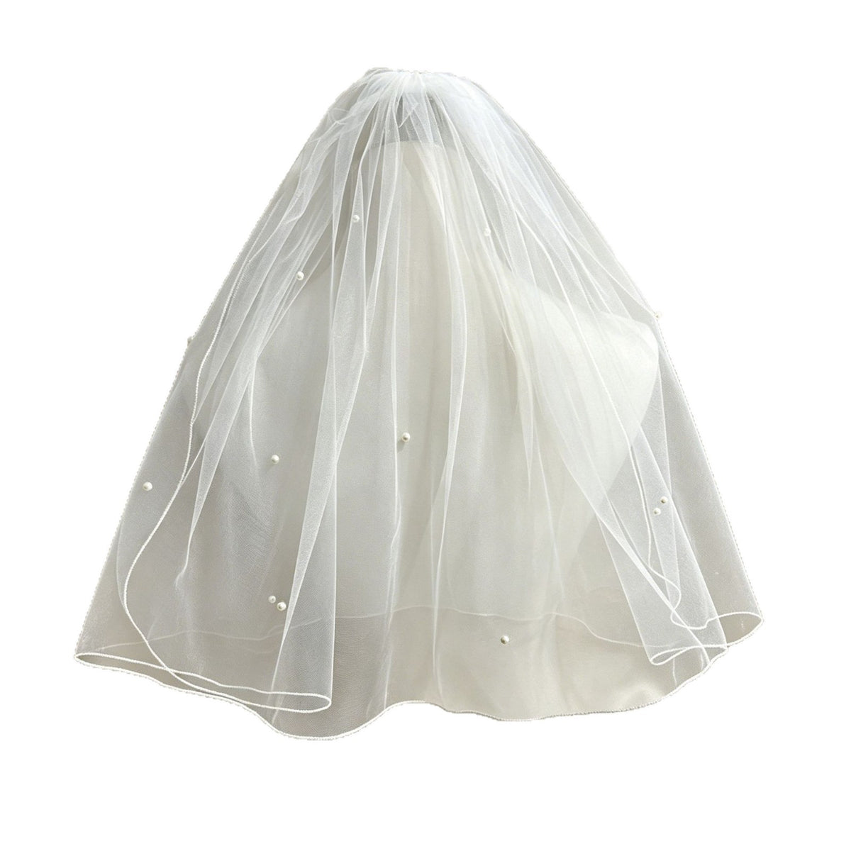 Full view of a double-layer wedding veil with pearl embellishments