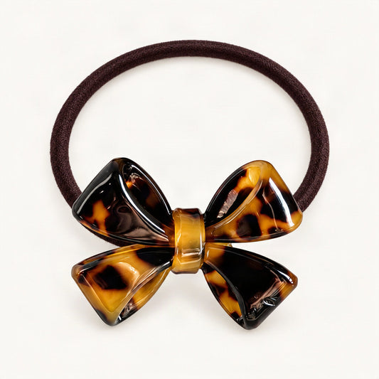 Tortoise pattern bow hair tie, front view [FITINY Hair]