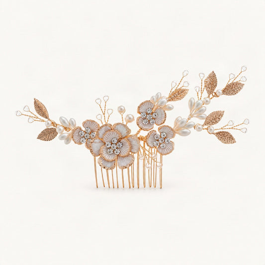 Faux Pearl Rhinestone Floral Bridal Hair Comb in Gold [FITINY Hair]