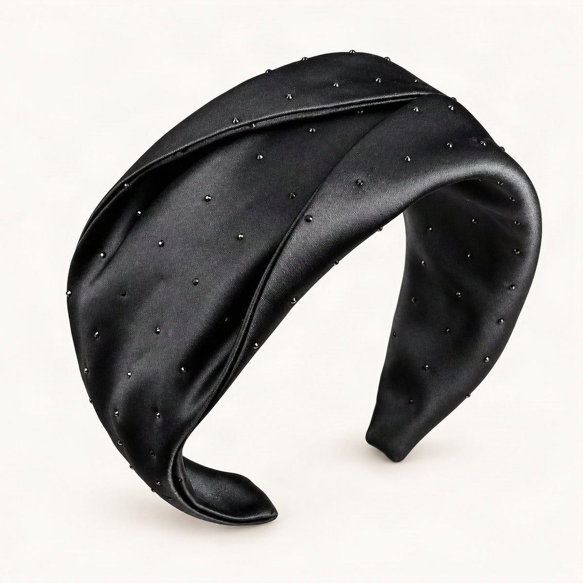 Wide Satin Rhinestone Headband for Women in Black [FITINY Hair]