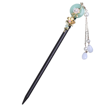 Double Blossom Wood Hair Stick with Dangle Chains, additional view 5
