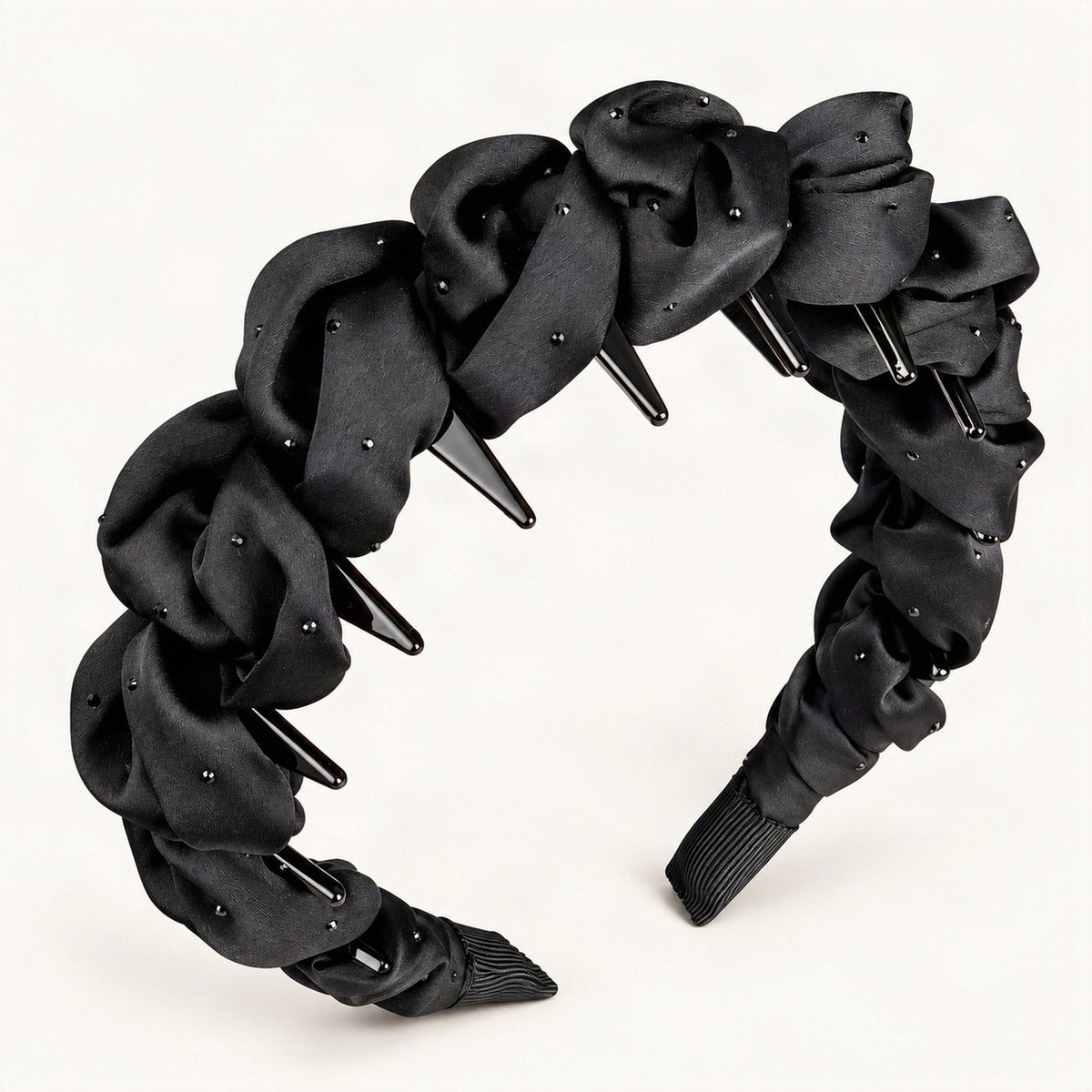 Ruched Satin Ruffle Rhinestone Headband in Black [FITINY Hair]