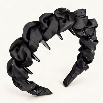Ruched Satin Ruffle Rhinestone Headband in Black [FITINY Hair]