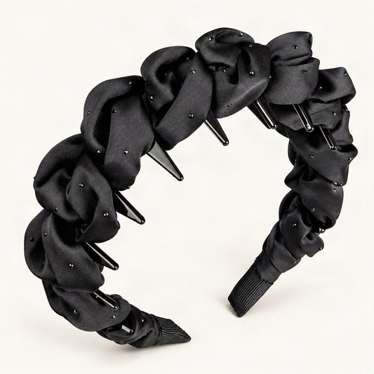 Ruched Satin Ruffle Rhinestone Headband in Black [FITINY Hair]