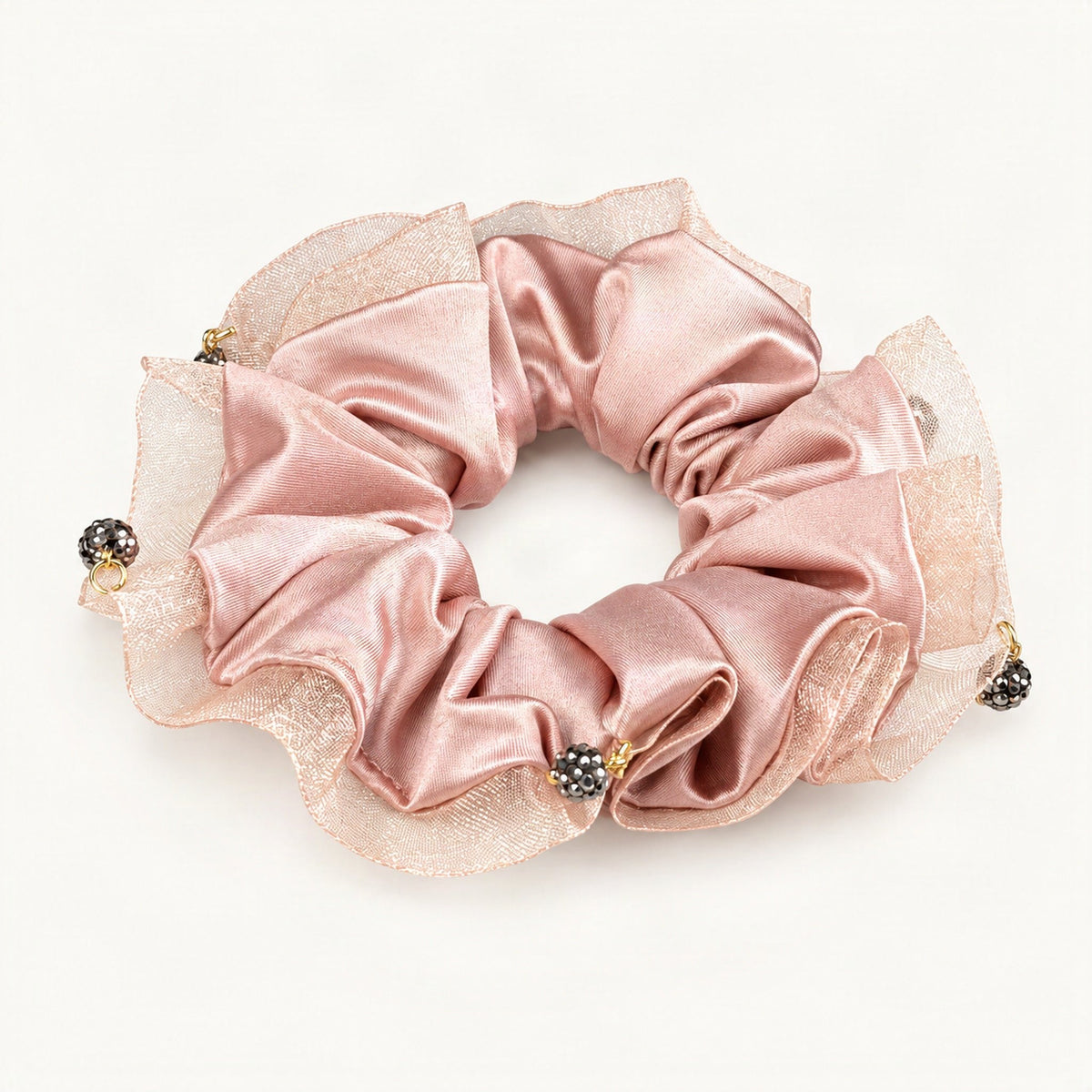 Pink satin scrunchie with sheer overlay and dangling accents [FITINY Hair]