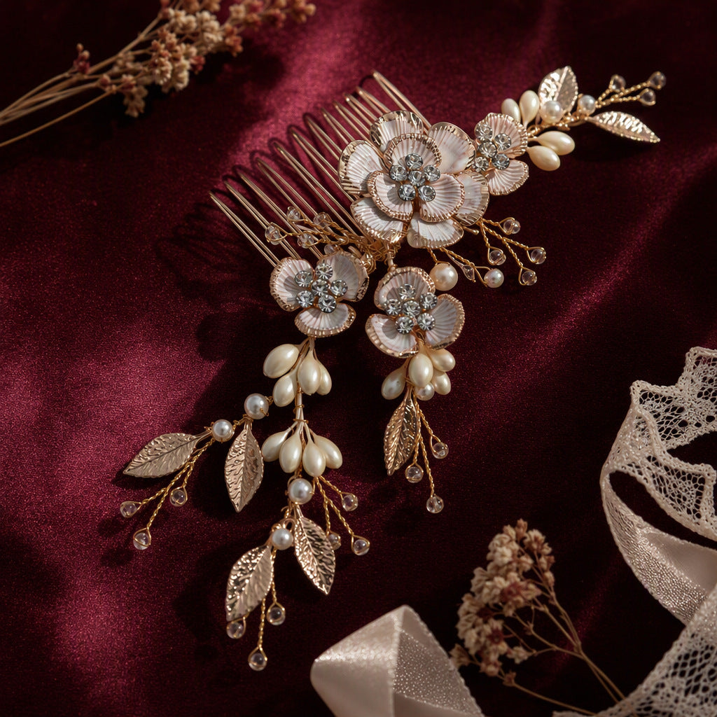 Gold floral bridal hair comb with faux pearls and rhinestone flowers on burgundy fabric