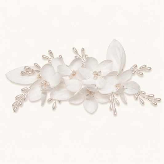 Floral Faux Pearl Hair Clip with Satin Flowers in Silver [FITINY Hair]