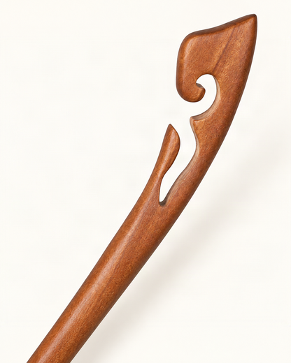 Carved Wood Hair Stick with Crescent Moon Design — close-up of material and decoration [FITINY Hair]