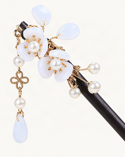 Double Blossom Wood Hair Stick with Dangle Chains — close-up of material and decoration [FITINY Hair]