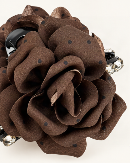3D Rose and Camellia Polka Dot Fabric Claw Clip — close-up of material and decoration [FITINY Hair detail]