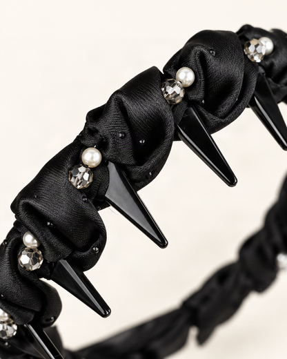 Satin Twist Headband with Pearl Rhinestone Accents — close-up of material and decoration [FITINY Hair]