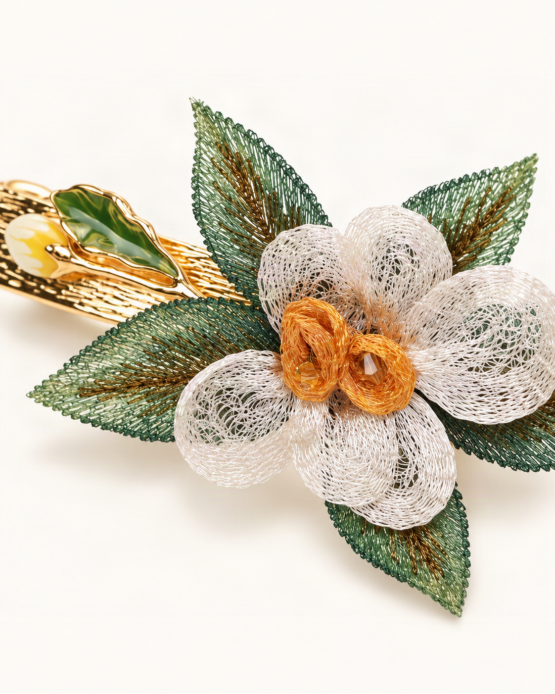 Rose Hair Clip with Embroidered Leaves — close-up of material and decoration [FITINY Hair]