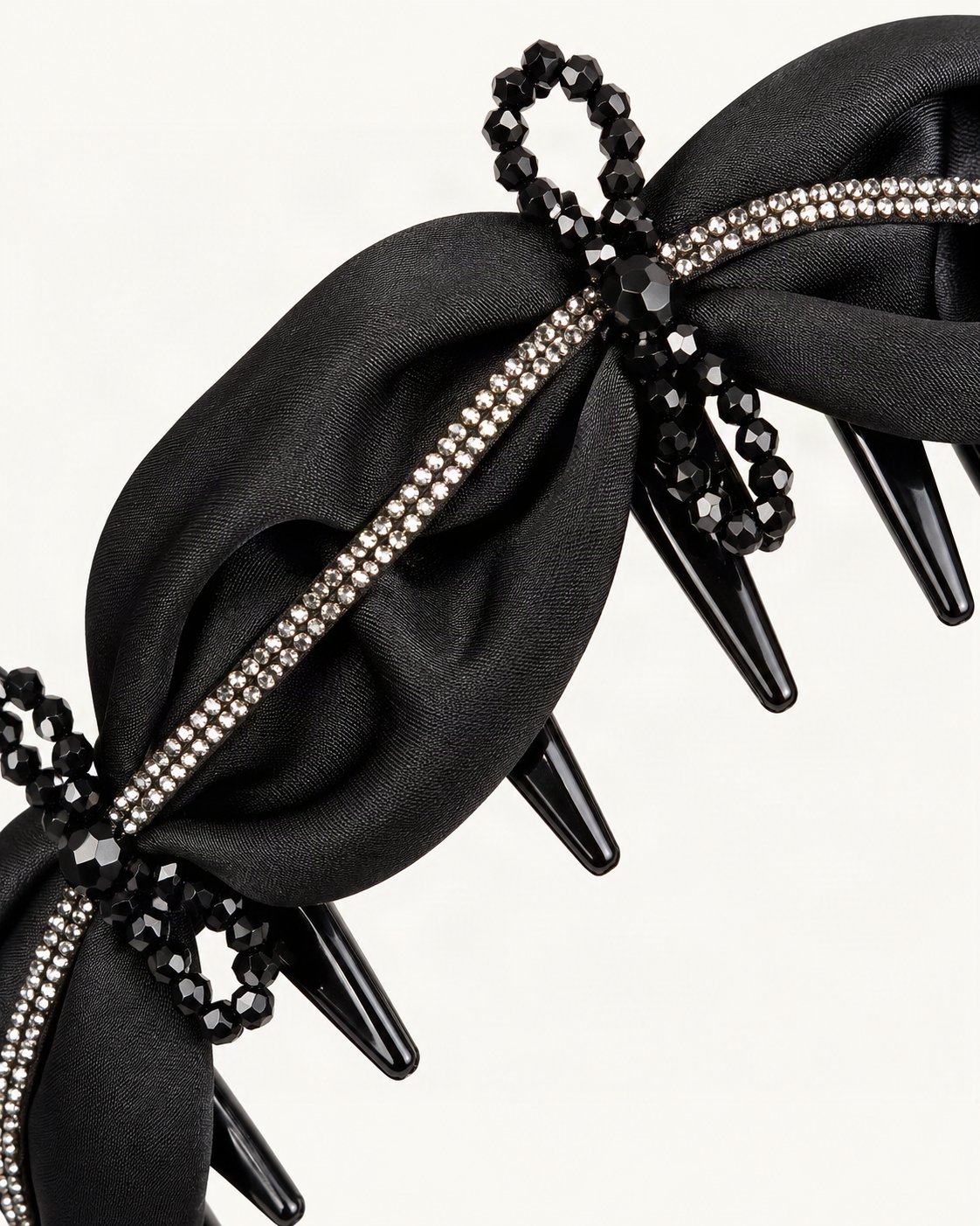 Satin Rhinestone Bow High Crown Toothed Headband — close-up of material and decoration [FITINY Hair detail]