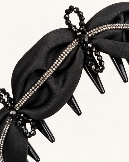 Satin Rhinestone Bow High Crown Toothed Headband — close-up of material and decoration [FITINY Hair detail]
