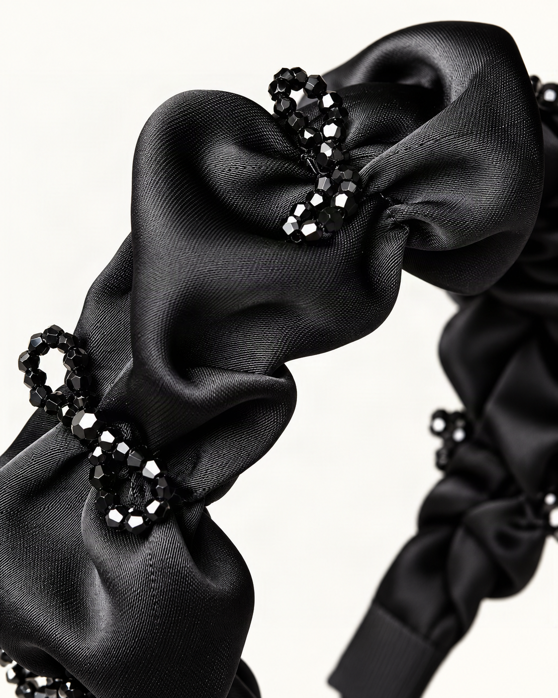Satin Ruched Headband with Crystal Bow Accent — close-up of material and decoration [FITINY Hair detail]
