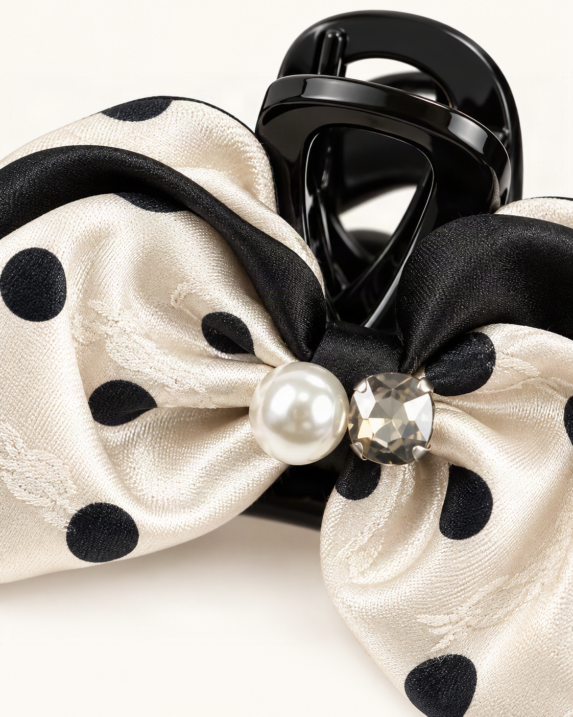 Satin Rhinestone Faux Pearl Polka Dot Bow Claw Clip — close-up of material and decoration [FITINY Hair detail]