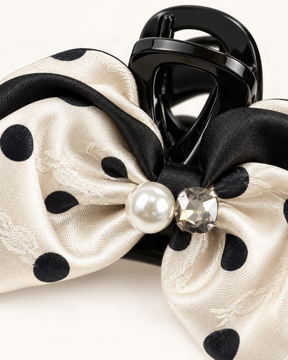 Satin Rhinestone Faux Pearl Polka Dot Bow Claw Clip — close-up of material and decoration [FITINY Hair detail]