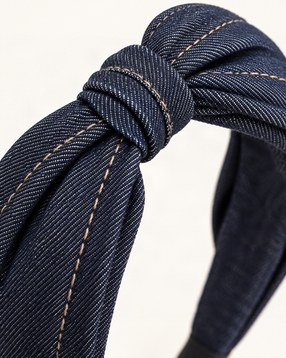 Denim Knot Bow Headband — close-up of material and decoration [FITINY Hair]