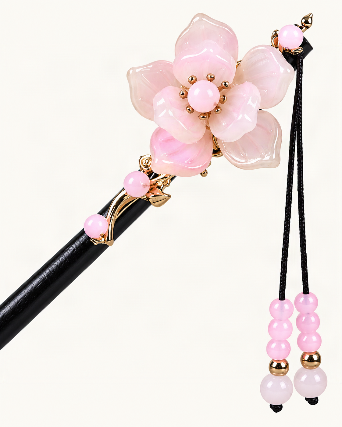 Begonia Blossom Wood Hair Stick with Charms — close-up of material and decoration [FITINY Hair]