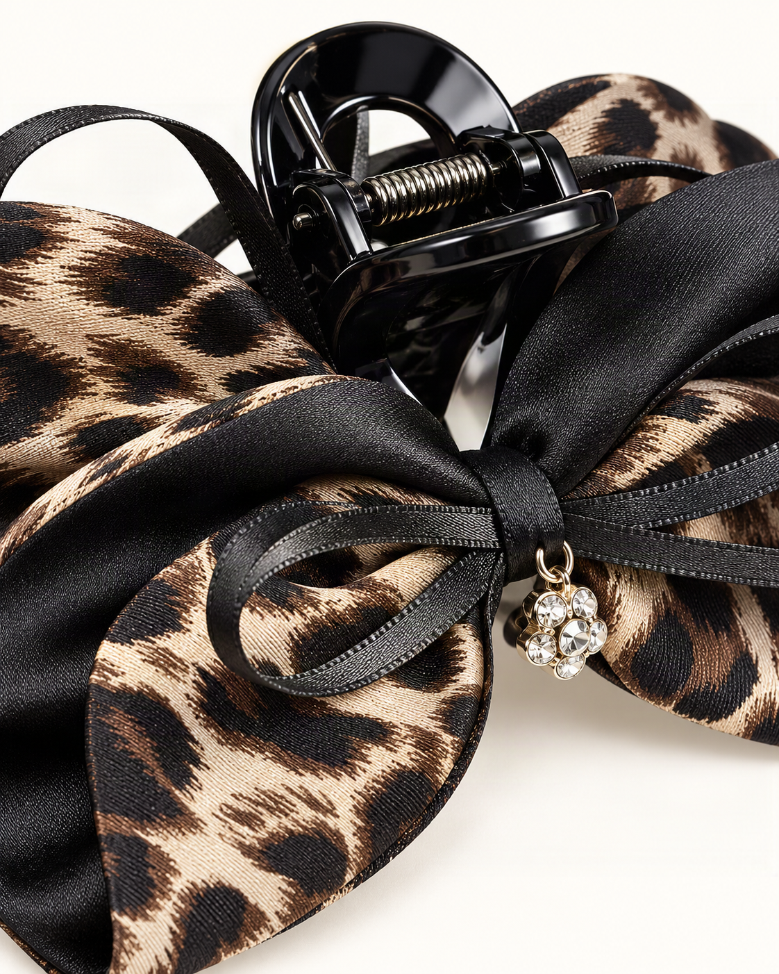 Satin Leopard Print Bow Hair Claw Clip — close-up of material and decoration [FITINY Hair detail]