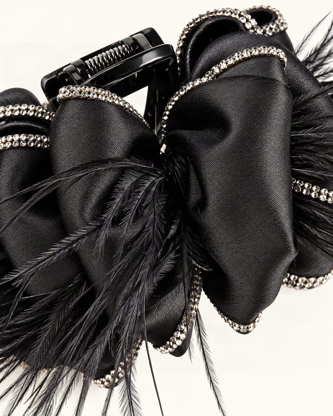 Satin Bow Feather Claw Clip with Rhinestone Trim — close-up of material and decoration [FITINY Hair detail]