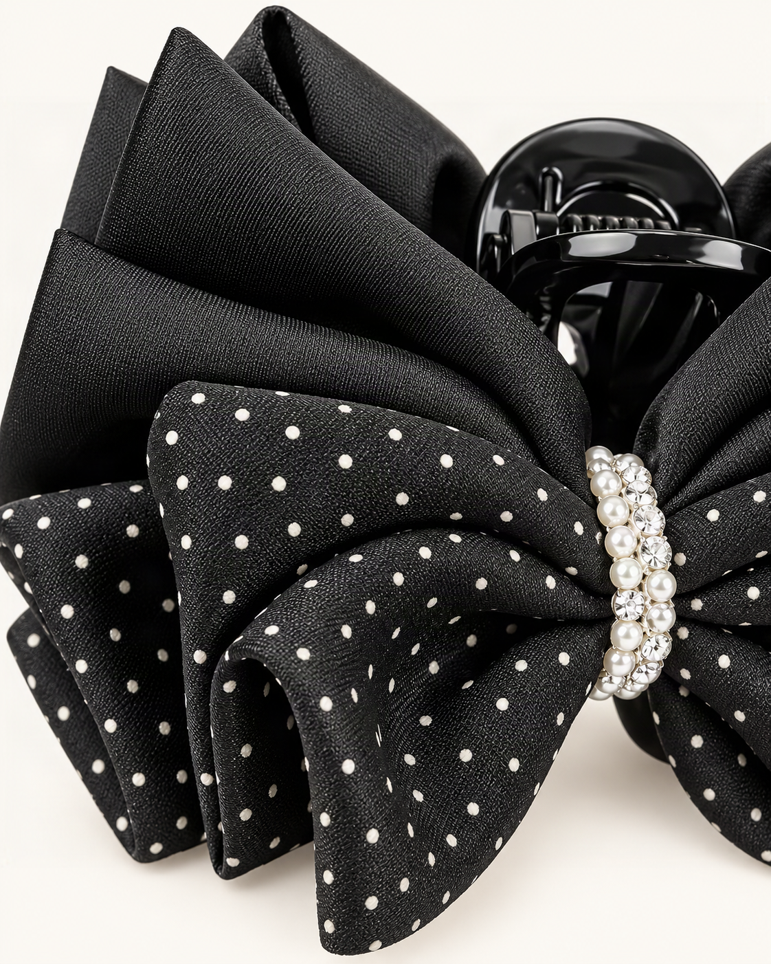Polka Dot Bow Hair Claw Clip with Pearl Accent — close-up of material and decoration [FITINY Hair detail]