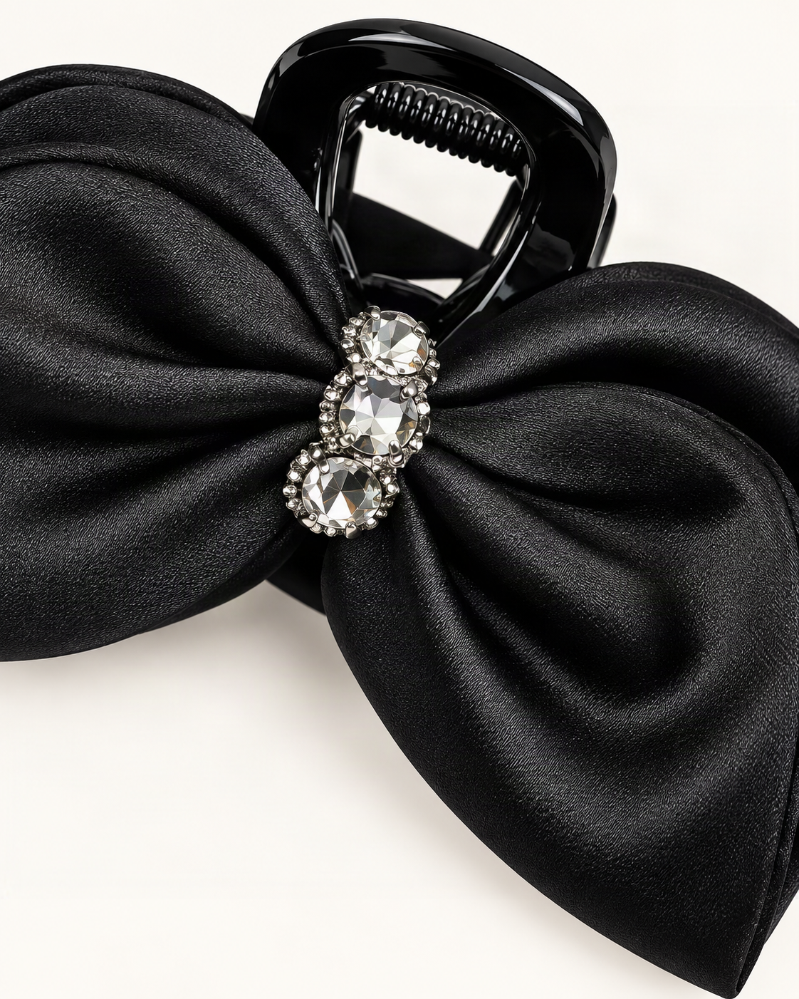 Large Satin Bow Claw Clip with Rhinestone Center — close-up of material and decoration [FITINY Hair detail]