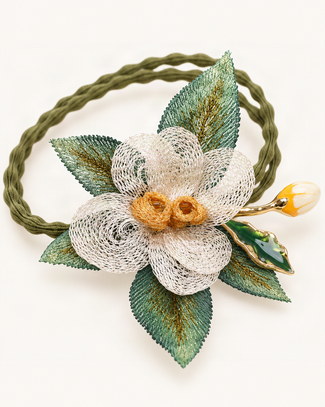 Rose Scrunchie with Embroidered Leaves — close-up of material and decoration [FITINY Hair]