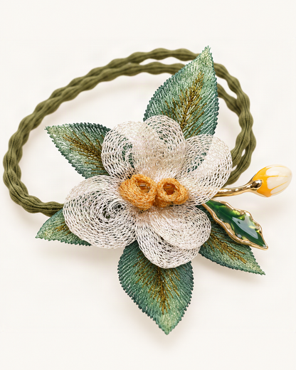 Rose Scrunchie with Embroidered Leaves — close-up of material and decoration [FITINY Hair]