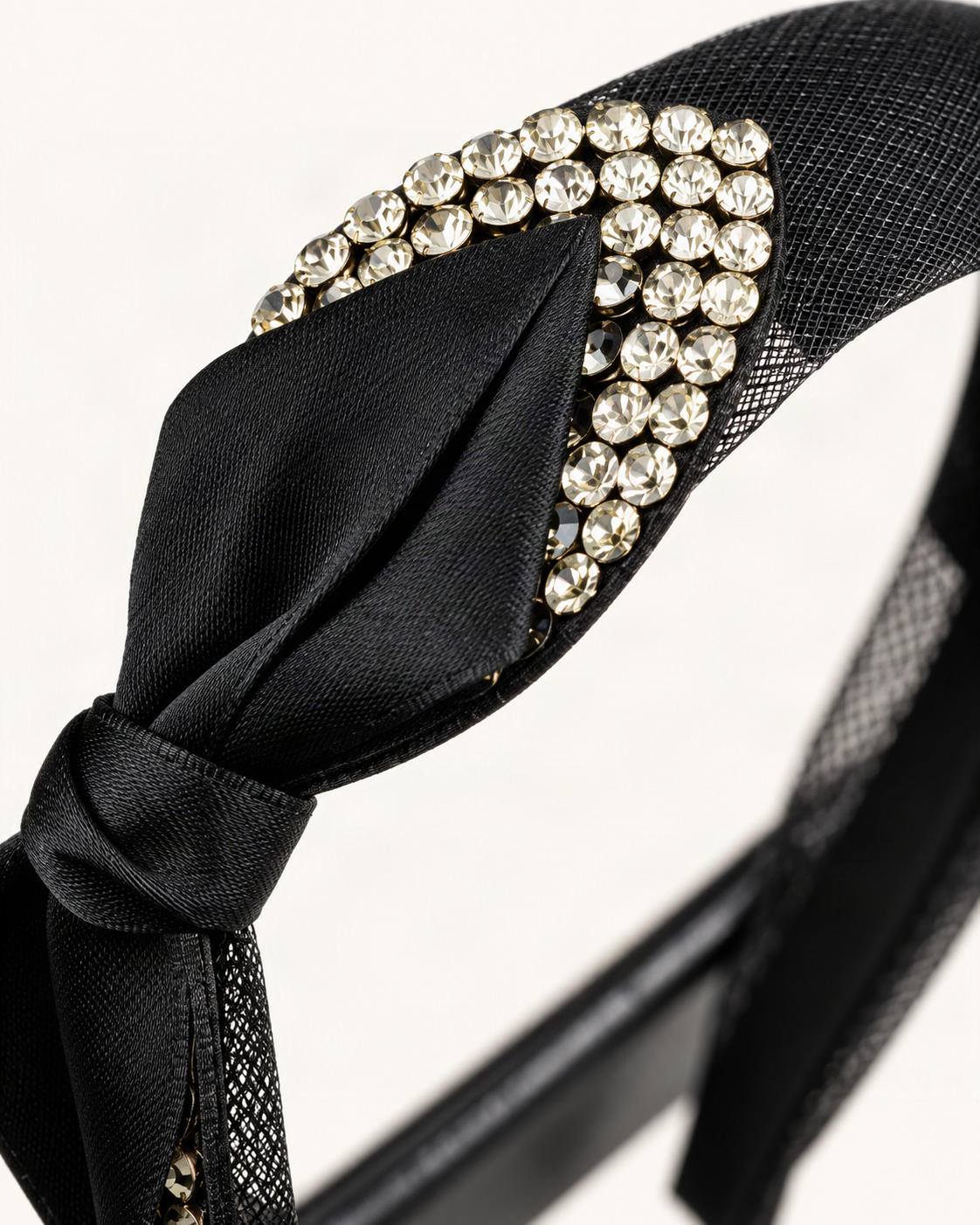 Satin Rhinestone Layered Bow Headband — close-up of material and decoration [FITINY Hair]
